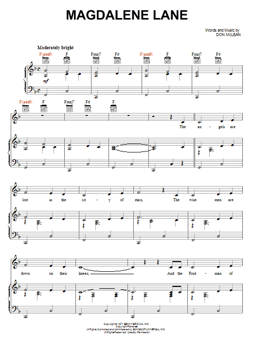 Don McLean Magdelene Lane sheet music notes and chords arranged for Piano, Vocal & Guitar Chords (Right-Hand Melody)