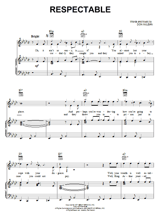 Don McLean Respectable sheet music notes and chords arranged for Piano, Vocal & Guitar Chords (Right-Hand Melody)