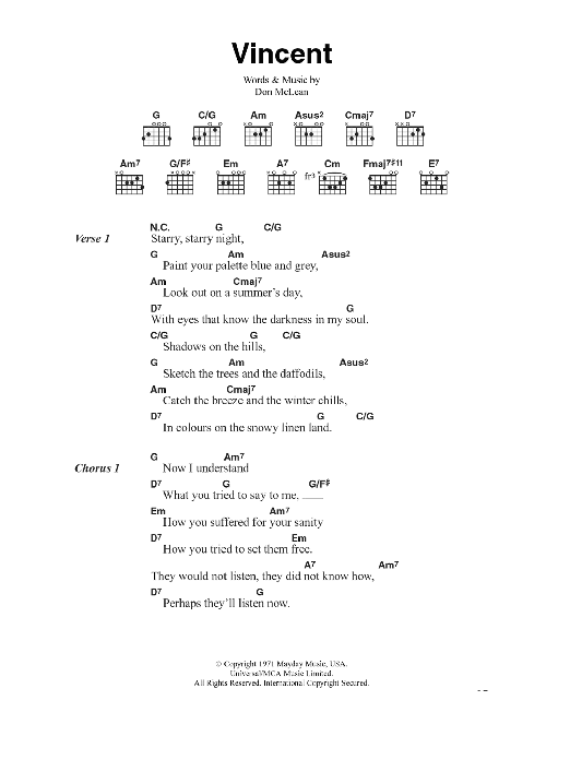 Don McLean Vincent (Starry Starry Night) sheet music notes and chords arranged for Guitar Chords/Lyrics