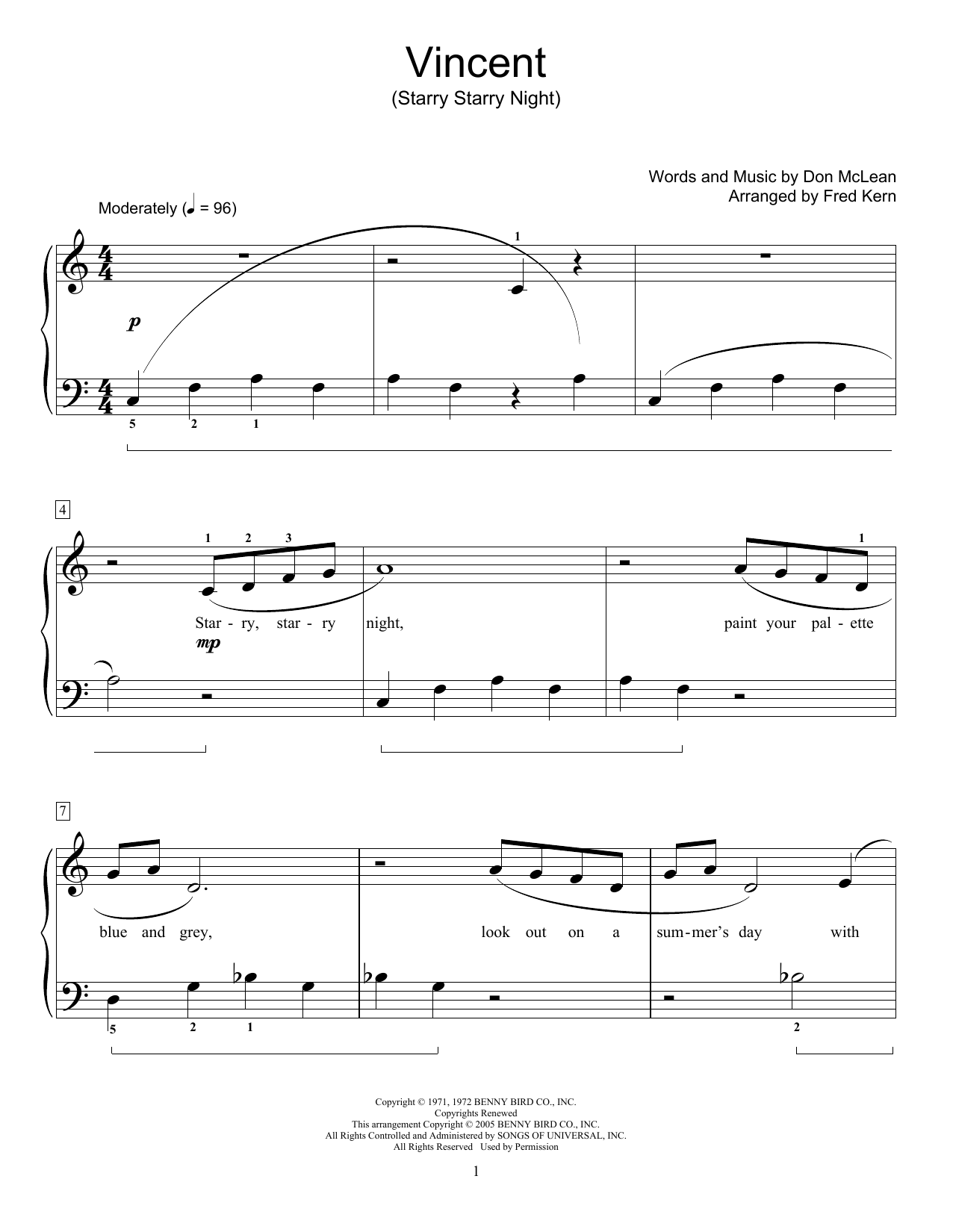 Don McLean Vincent (Starry Starry Night) (arr. Fred Kern) sheet music notes and chords arranged for Educational Piano