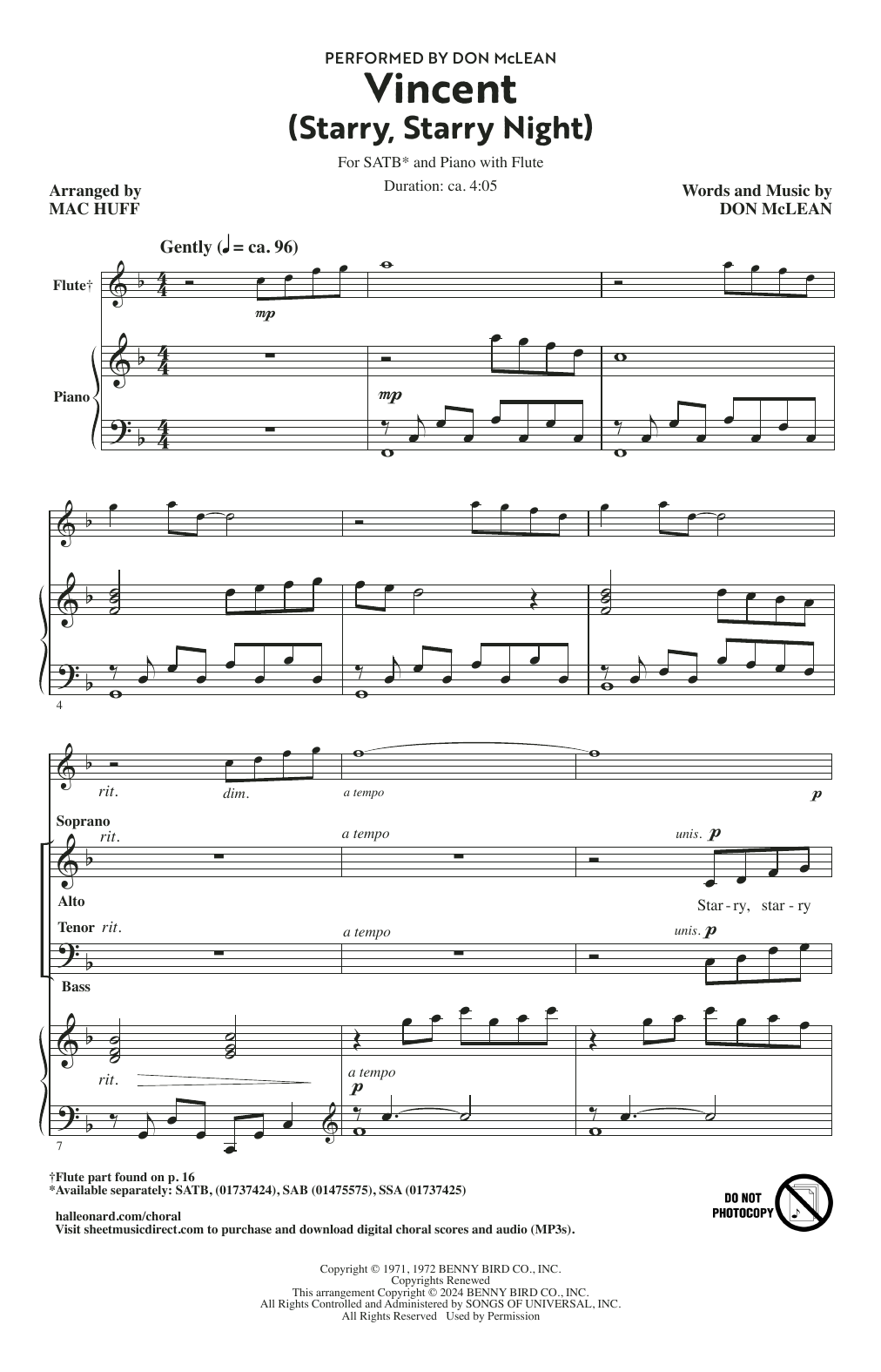 Don McLean Vincent (Starry Starry Night) (arr. Mac Huff) sheet music notes and chords arranged for SATB Choir