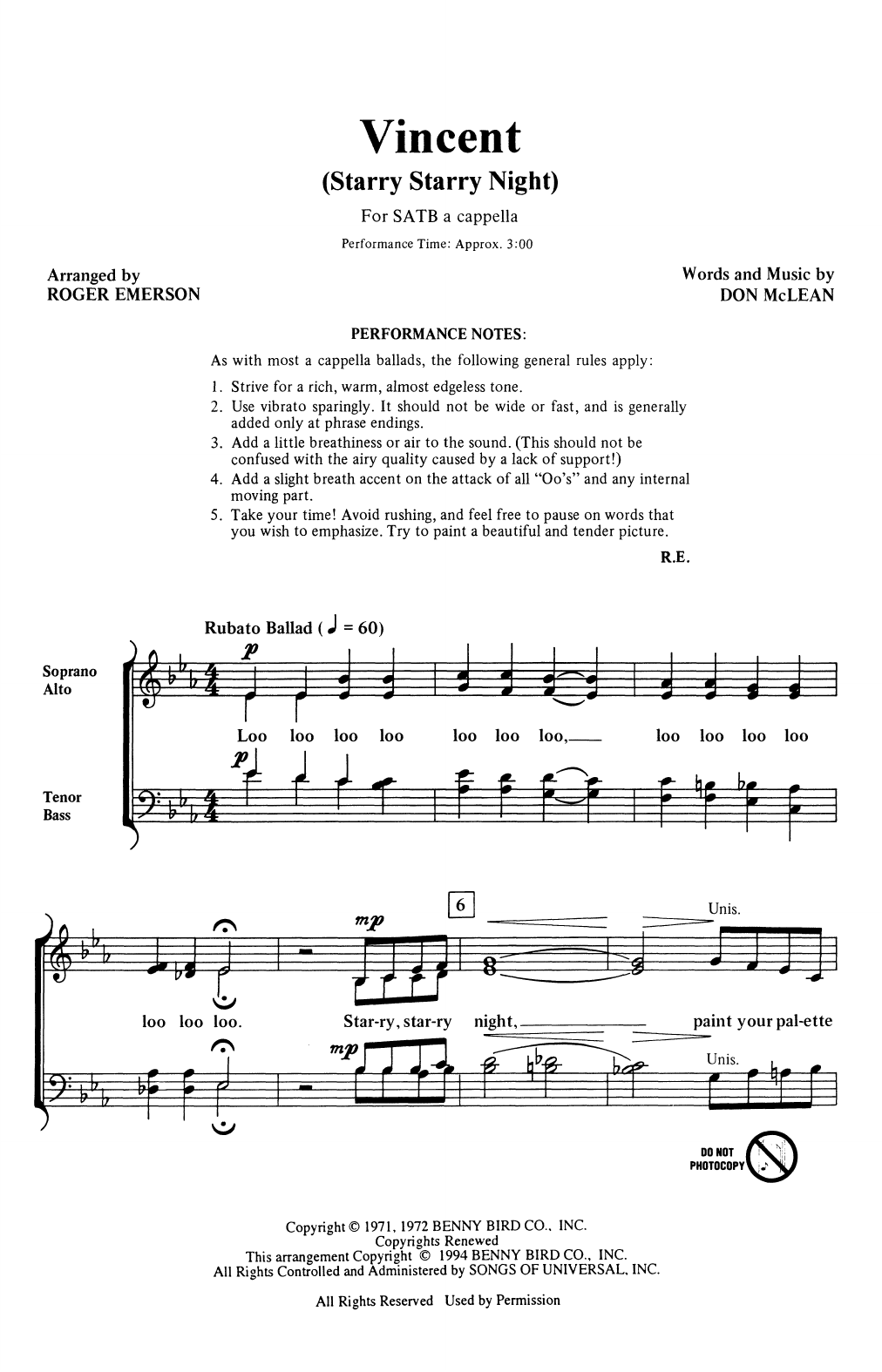 Don McLean Vincent (Starry Starry Night) (arr. Roger Emerson) sheet music notes and chords arranged for SATB Choir