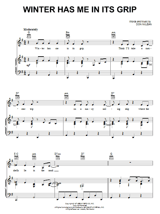 Don McLean Winter Has Me In Its Grip sheet music notes and chords arranged for Piano, Vocal & Guitar Chords (Right-Hand Melody)