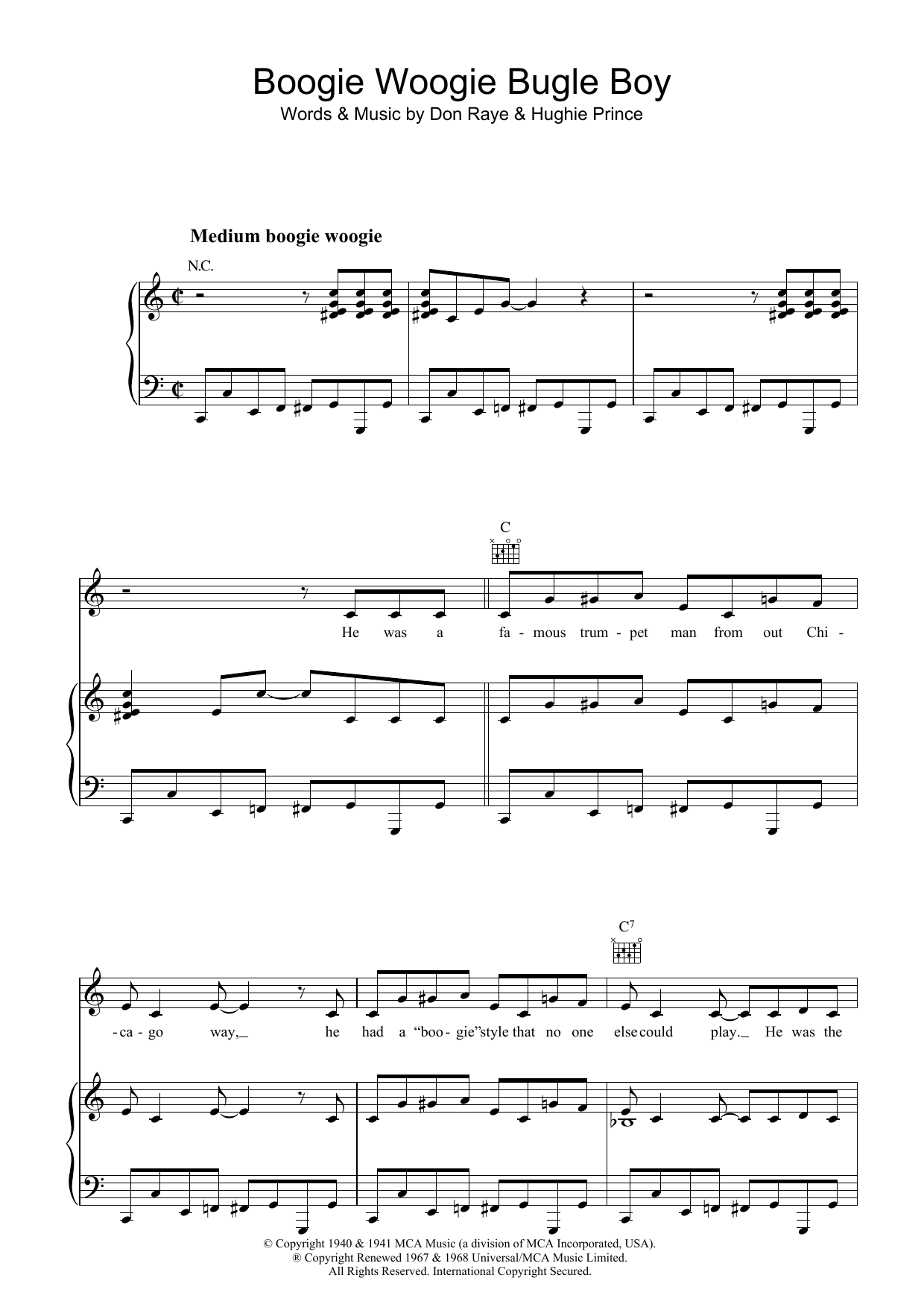 Don Raye Boogie Woogie Bugle Boy sheet music notes and chords arranged for Piano, Vocal & Guitar Chords