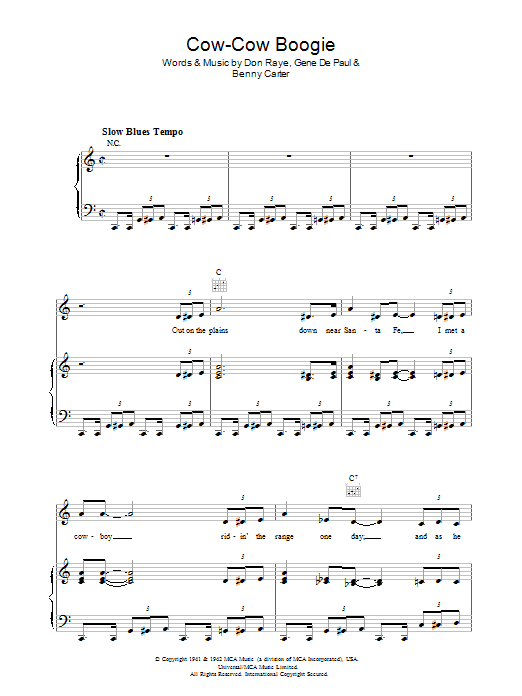 Don Raye Cow-Cow Boogie sheet music notes and chords arranged for Piano, Vocal & Guitar Chords