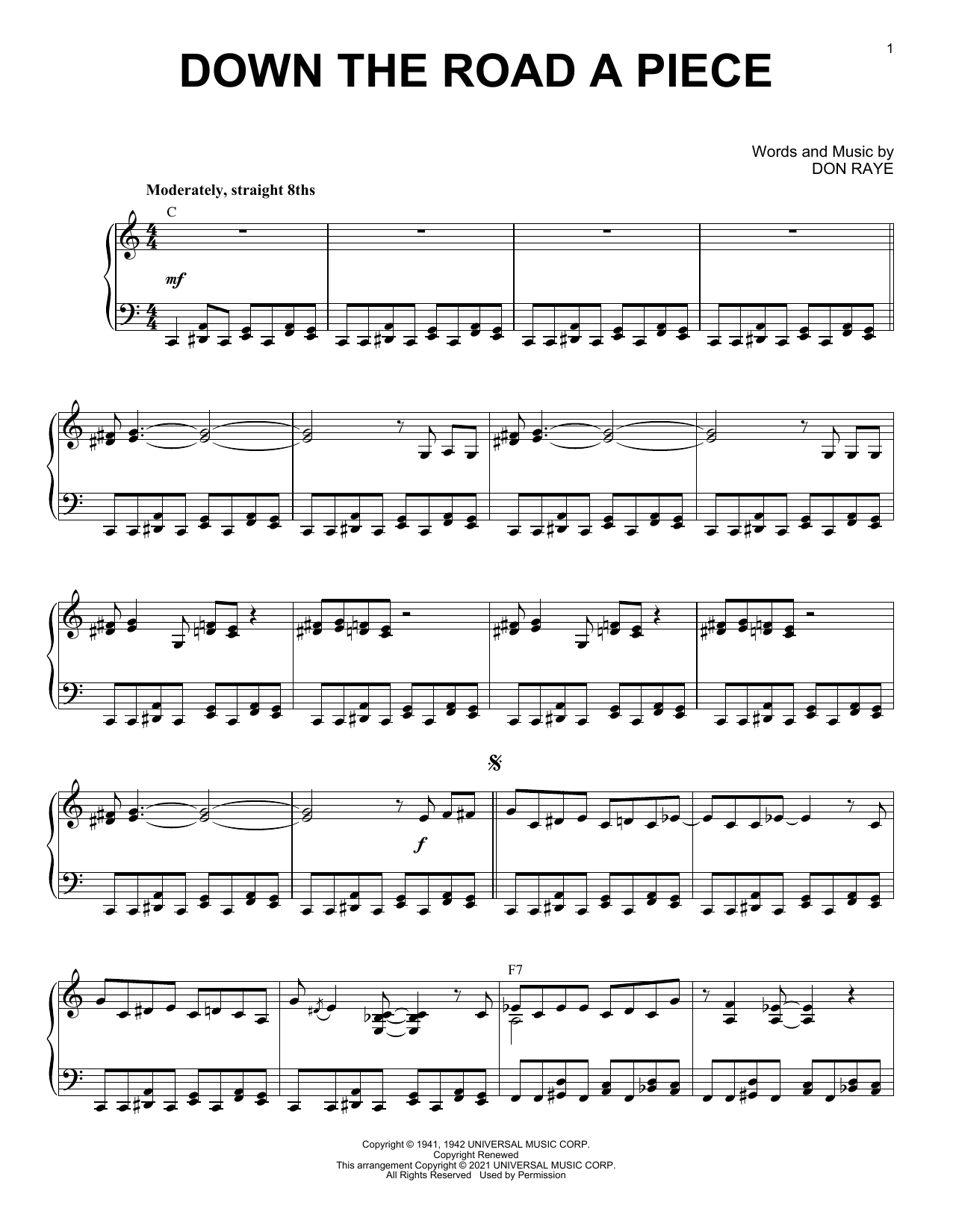 Don Raye Down The Road A Piece (arr. Brent Edstrom) sheet music notes and chords arranged for Piano Solo