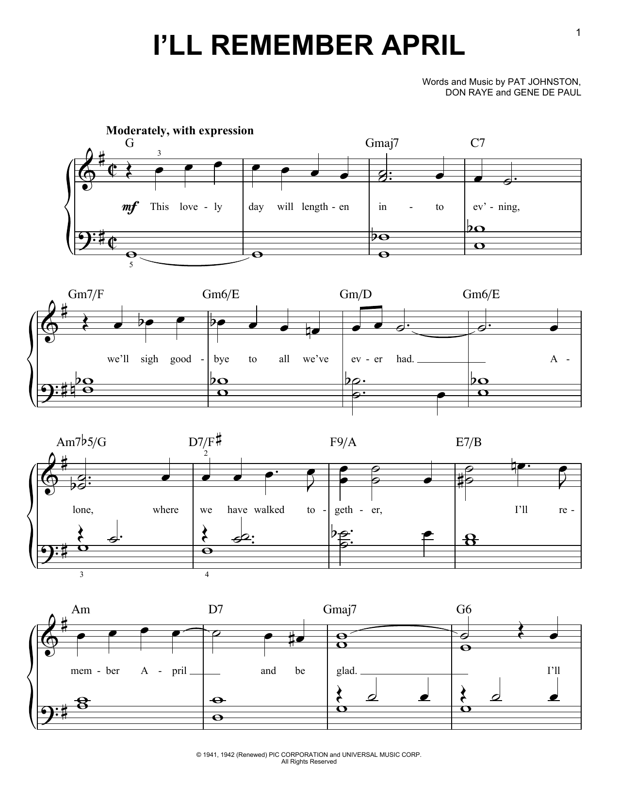 Don Raye I'll Remember April sheet music notes and chords arranged for Easy Piano