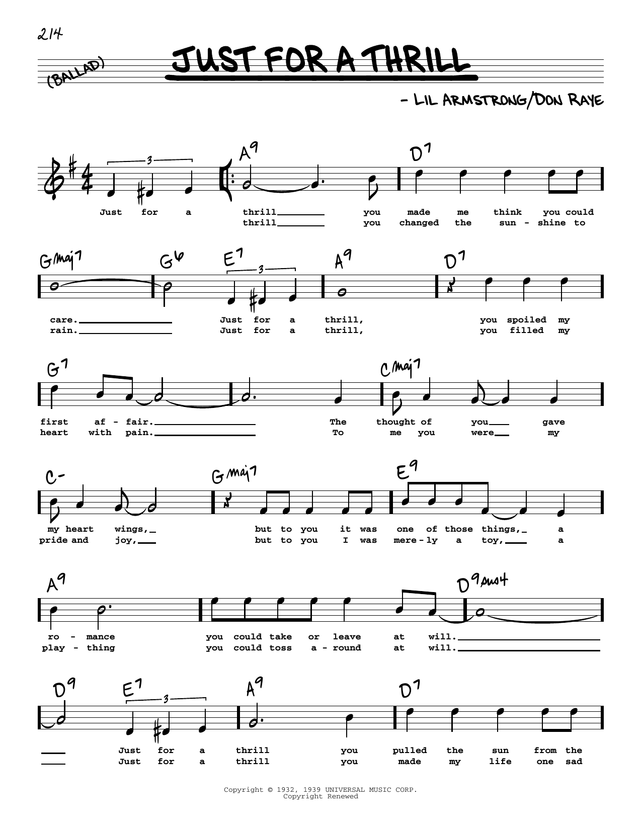 Don Raye Just For A Thrill (High Voice) sheet music notes and chords arranged for Real Book – Melody, Lyrics & Chords