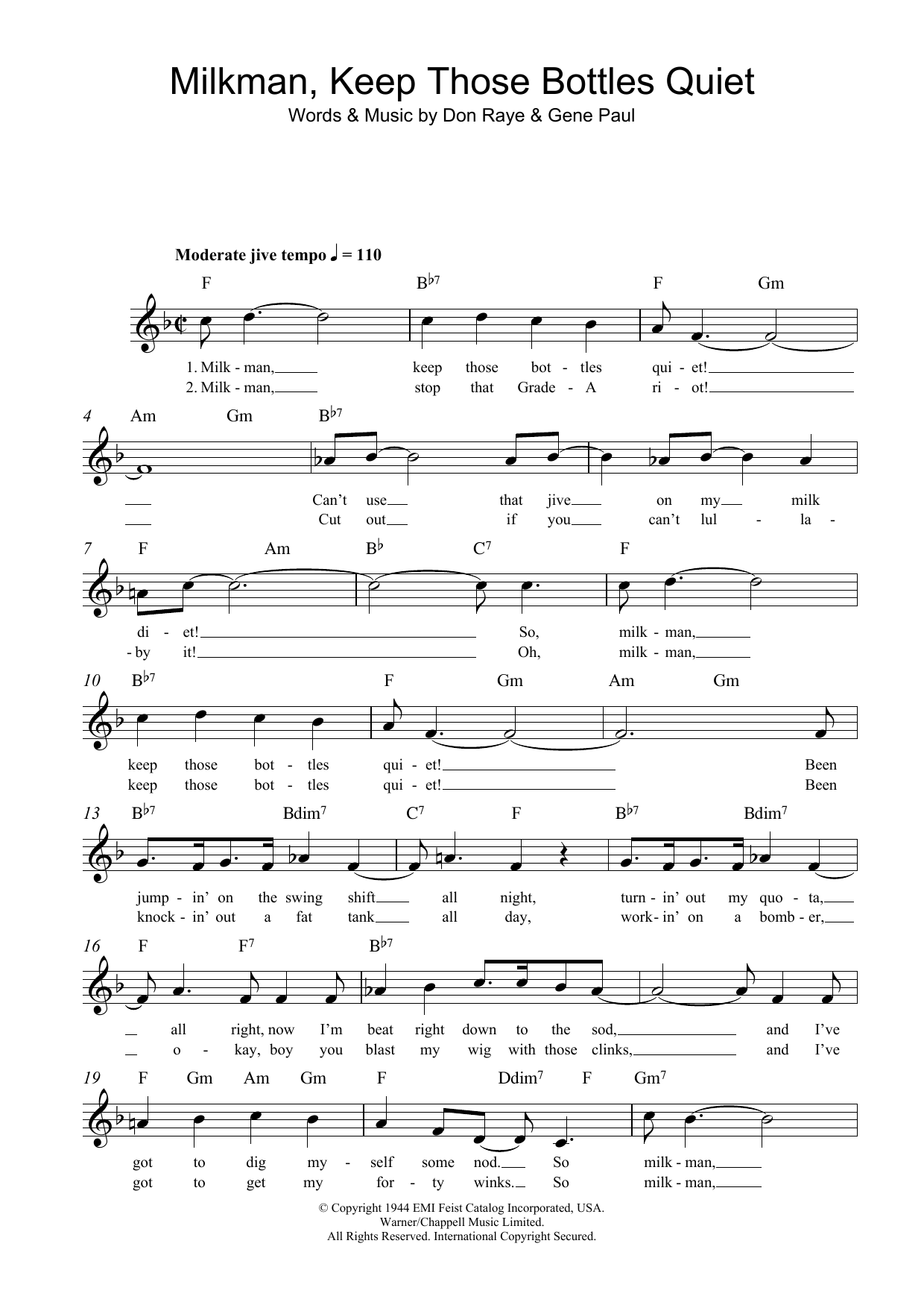 Don Raye Milkman, Keep Those Bottles Quiet sheet music notes and chords arranged for Lead Sheet / Fake Book