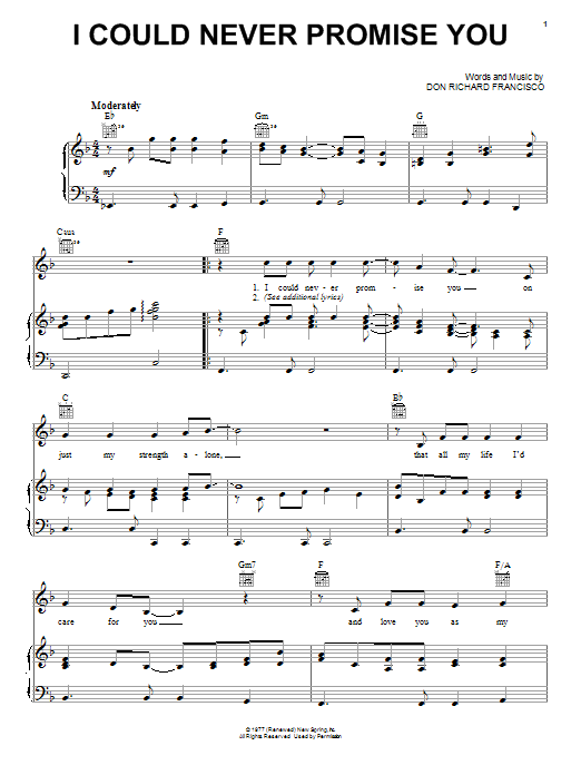 Don Richard Francisco I Could Never Promise You sheet music notes and chords arranged for Piano, Vocal & Guitar Chords (Right-Hand Melody)