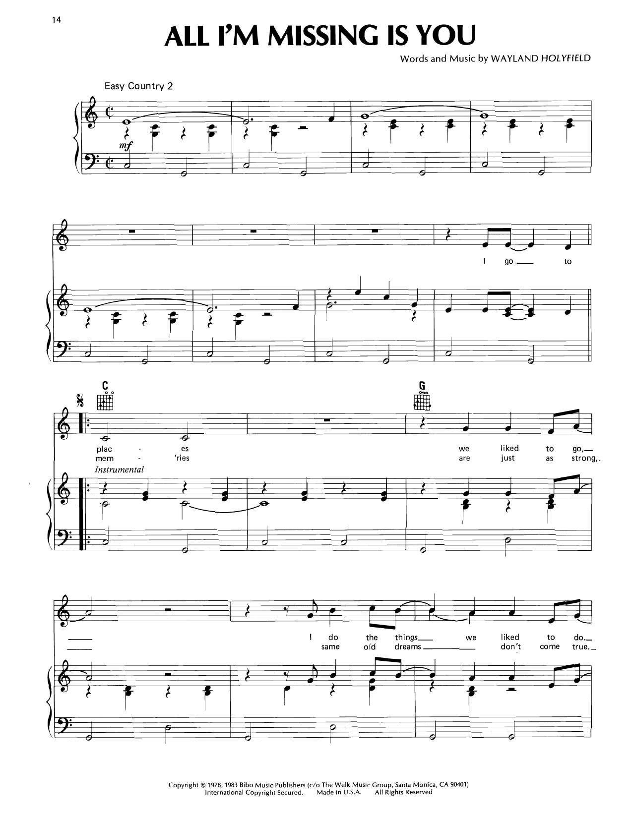 Don Williams All I'm Missing Is You sheet music notes and chords arranged for Piano, Vocal & Guitar Chords (Right-Hand Melody)