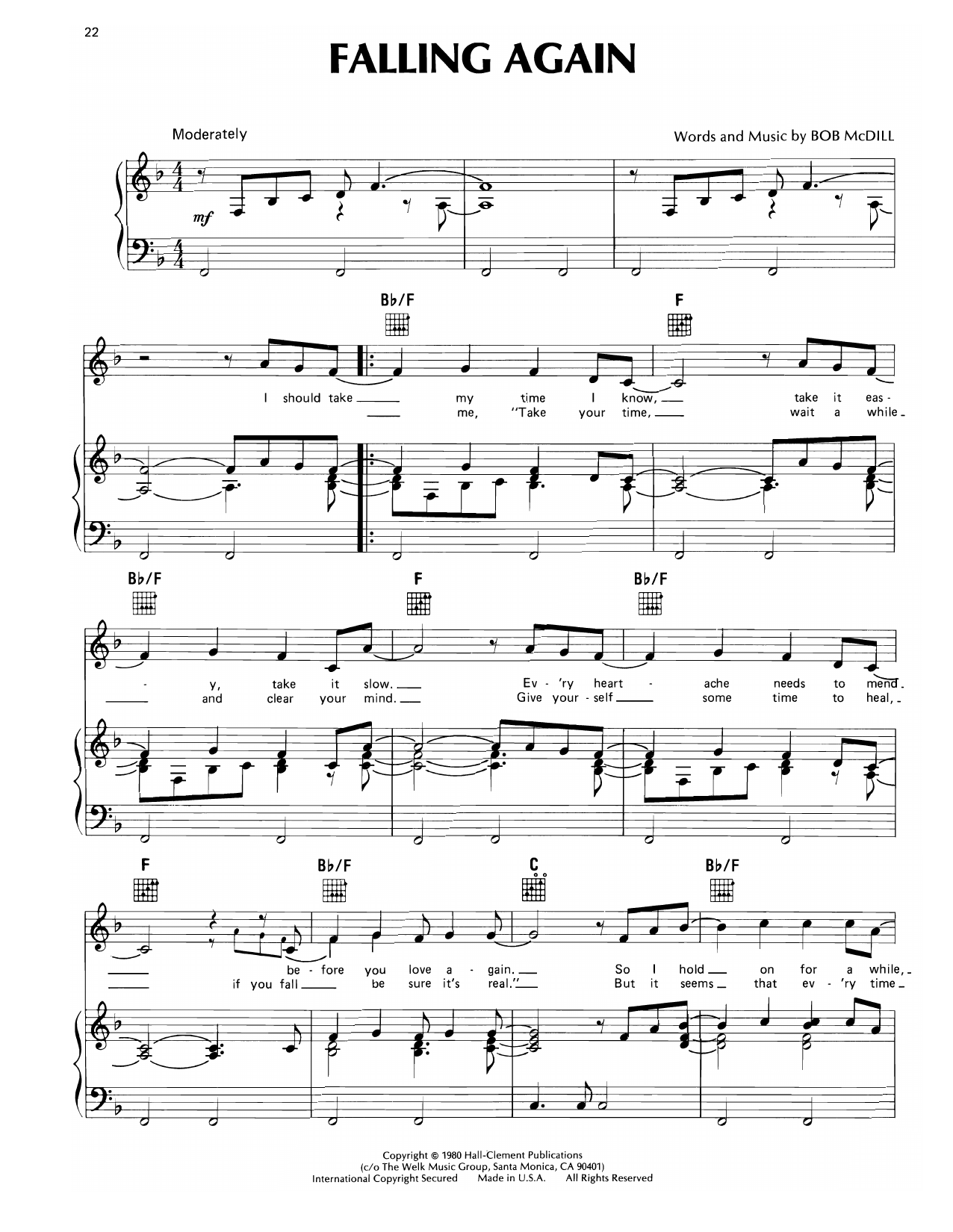 Don Williams Falling Again sheet music notes and chords arranged for Piano, Vocal & Guitar Chords (Right-Hand Melody)