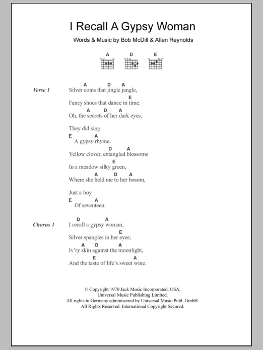 Don Williams I Recall A Gypsy Woman sheet music notes and chords arranged for Guitar Chords/Lyrics