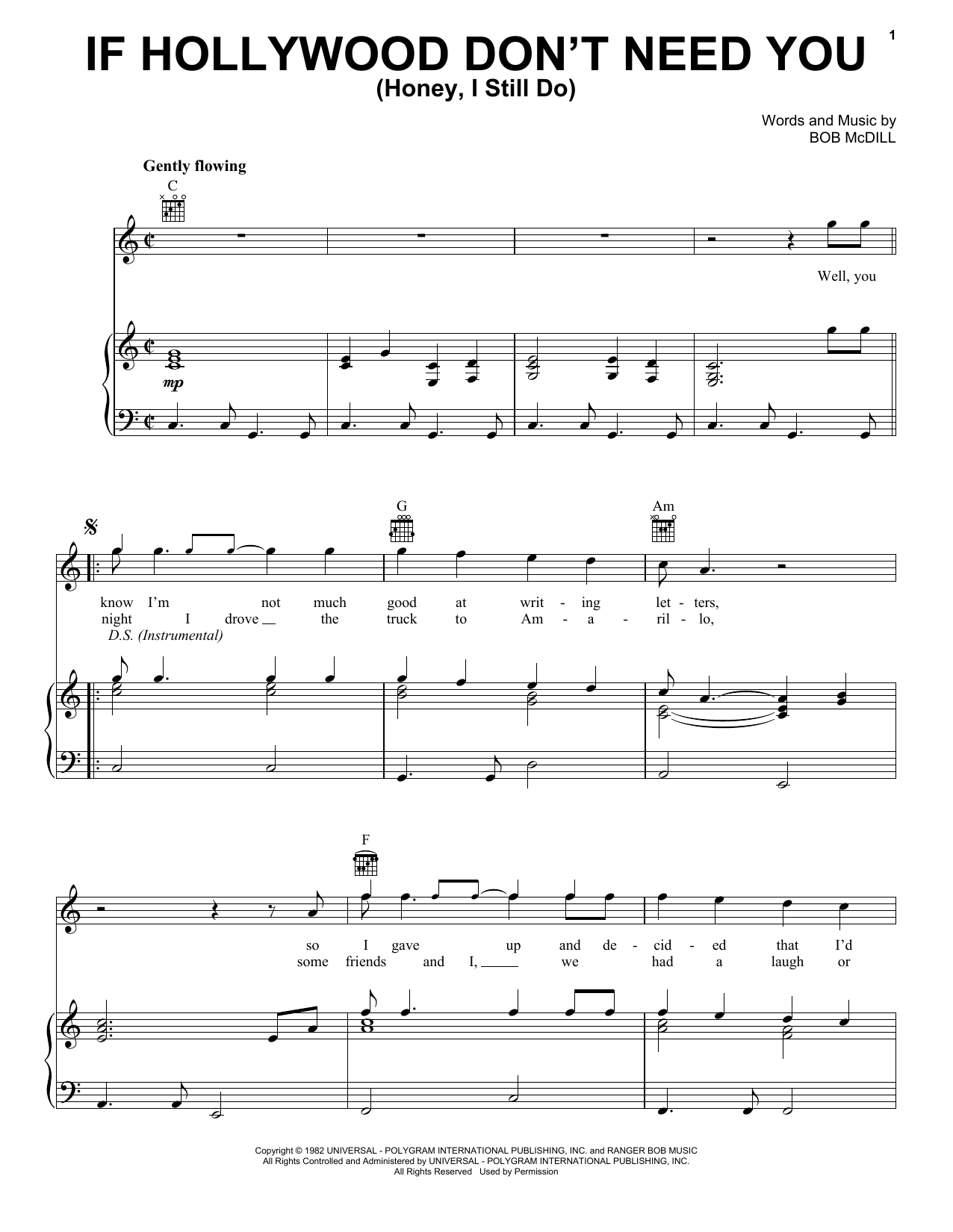 Don Williams If Hollywood Don't Need You (Honey, I Still Do) sheet music notes and chords arranged for Piano, Vocal & Guitar Chords (Right-Hand Melody)