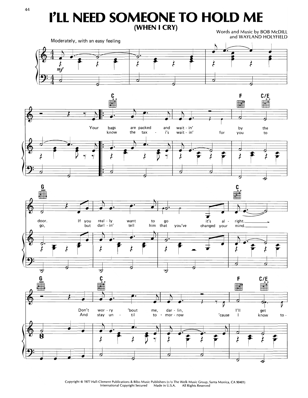 Don Williams I'll Need Someone To Hold Me (When I Cry) sheet music notes and chords arranged for Piano, Vocal & Guitar Chords (Right-Hand Melody)