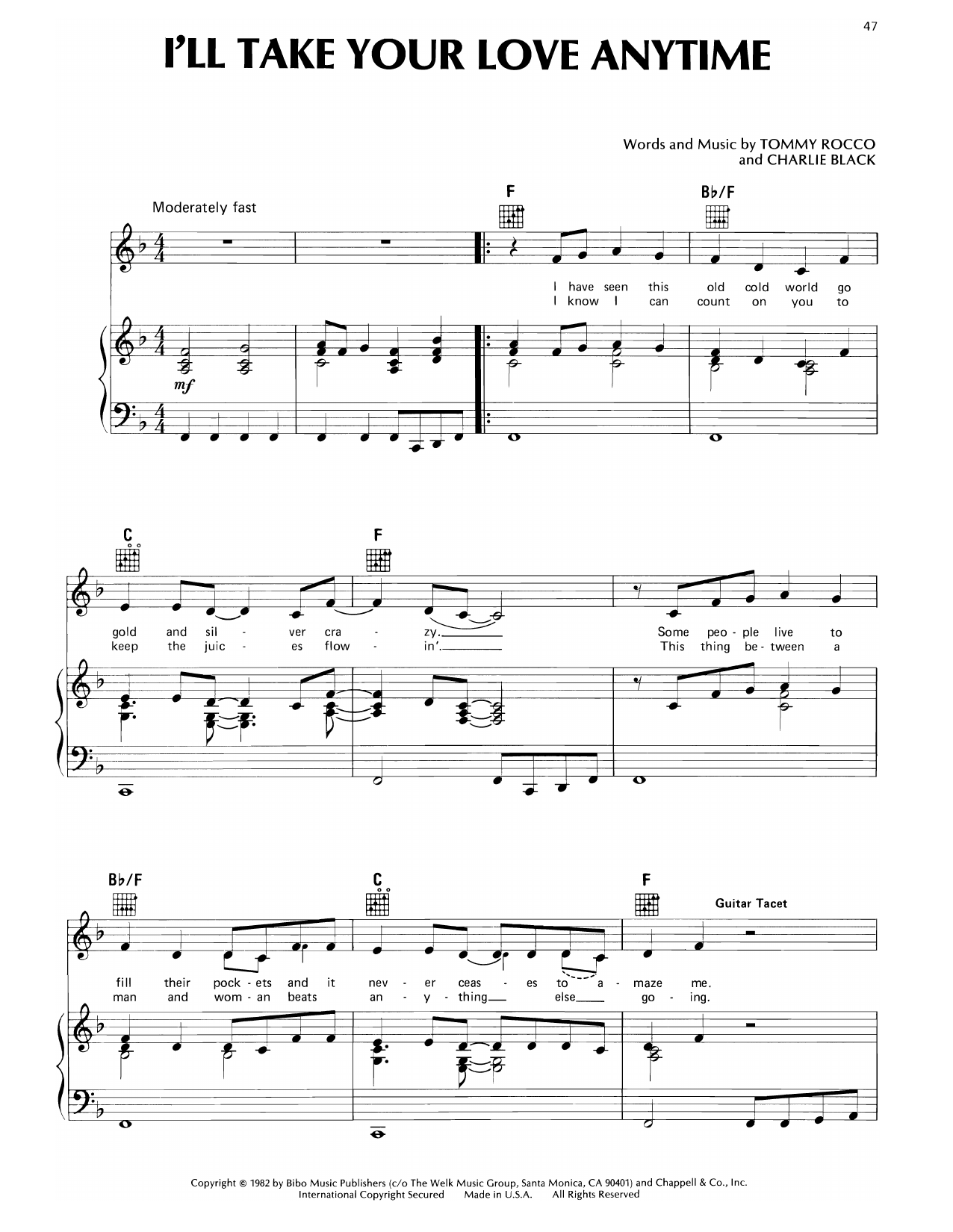 Don Williams I'll Take Your Love Anytime sheet music notes and chords arranged for Piano, Vocal & Guitar Chords (Right-Hand Melody)