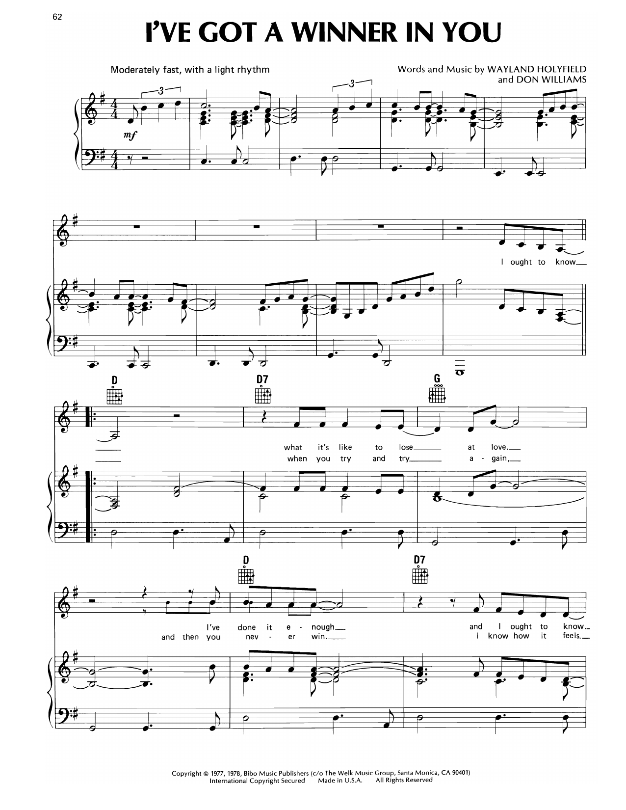 Don Williams I've Got A Winner In You sheet music notes and chords arranged for Piano, Vocal & Guitar Chords (Right-Hand Melody)