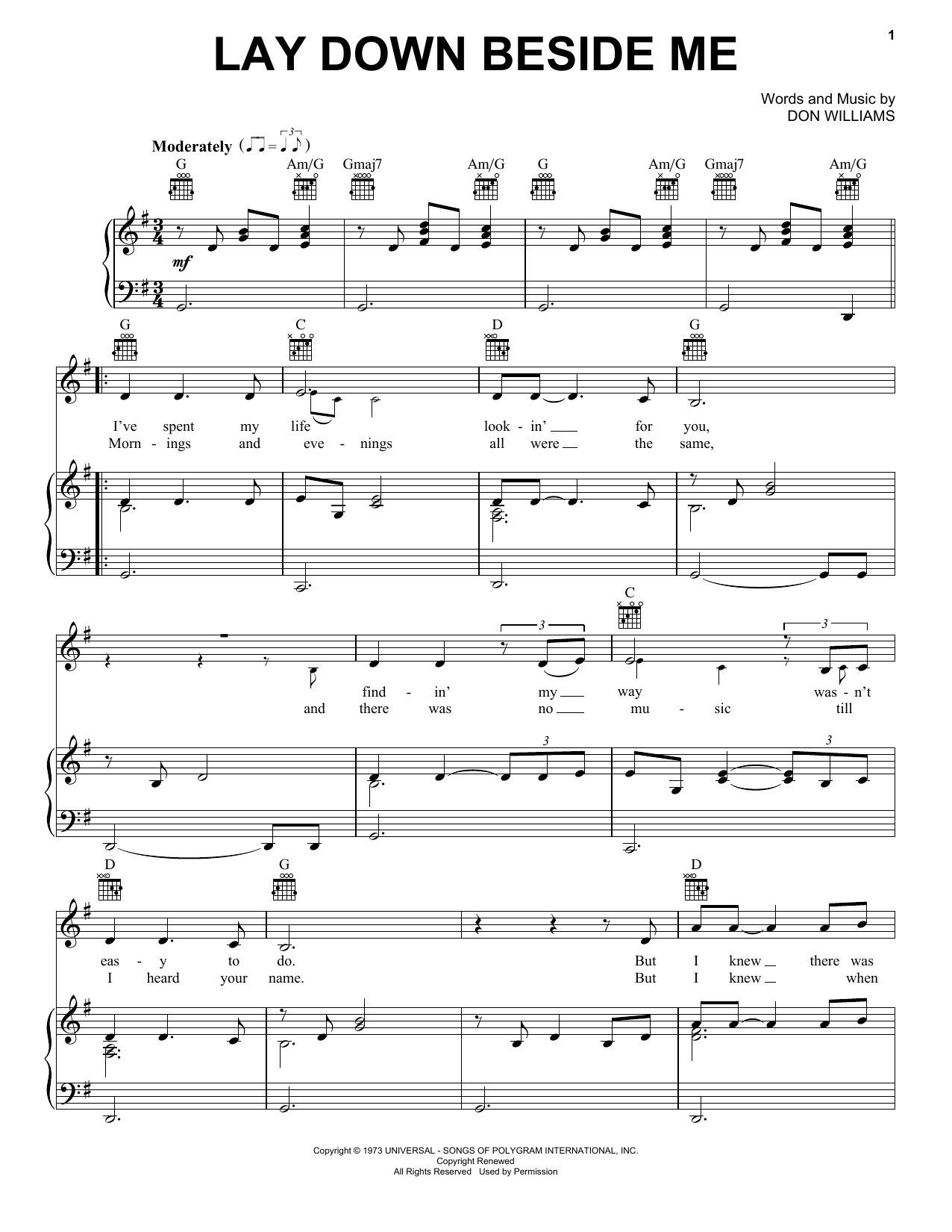 Don Williams Lay Down Beside Me sheet music notes and chords arranged for Piano, Vocal & Guitar Chords (Right-Hand Melody)