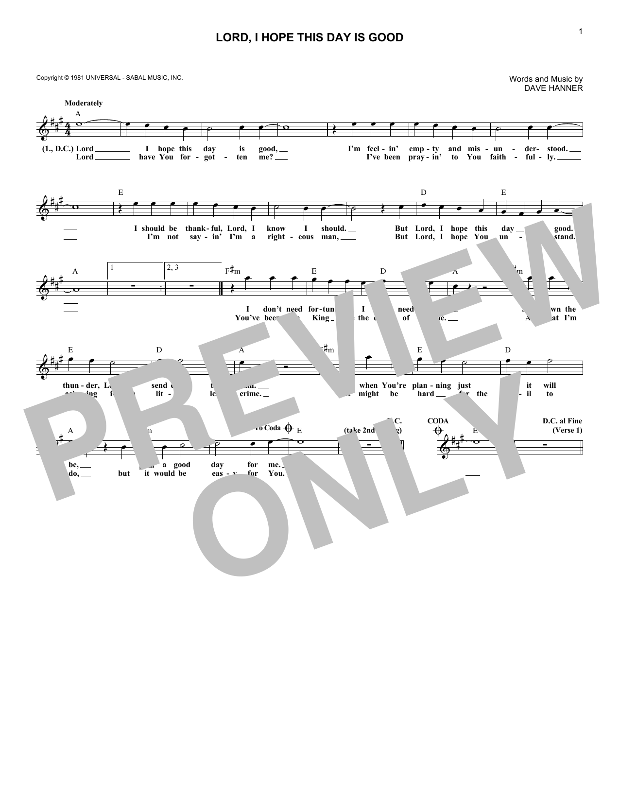 Don Williams Lord, I Hope This Day Is Good sheet music notes and chords arranged for Piano, Vocal & Guitar Chords (Right-Hand Melody)