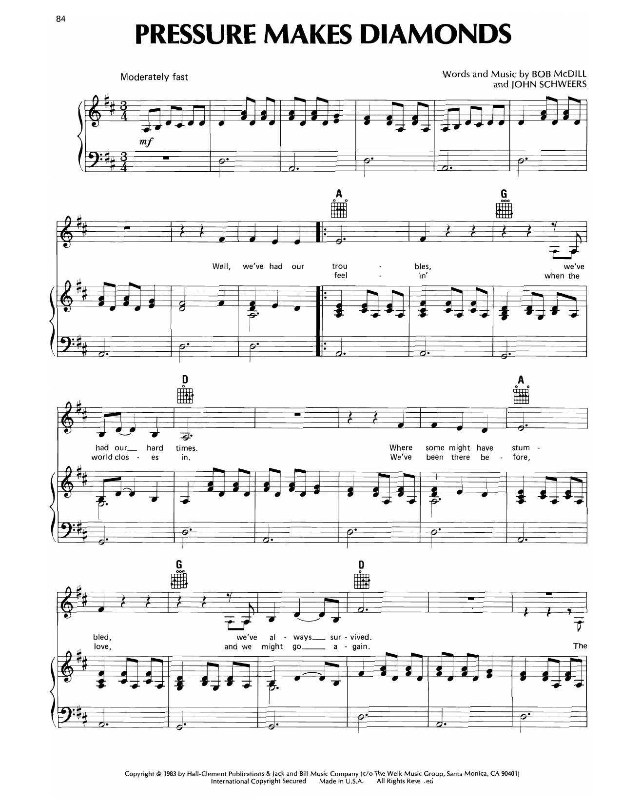 Don Williams Pressure Makes Diamonds sheet music notes and chords arranged for Piano, Vocal & Guitar Chords (Right-Hand Melody)