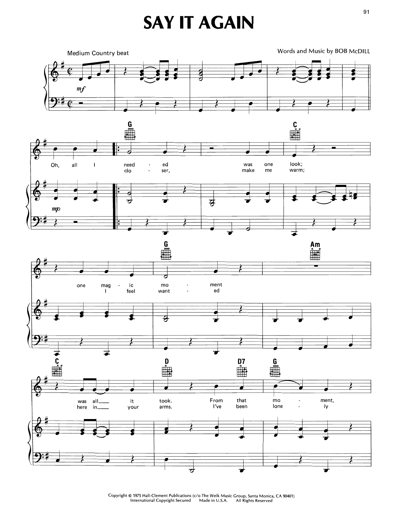 Don Williams Say It Again sheet music notes and chords arranged for Piano, Vocal & Guitar Chords (Right-Hand Melody)