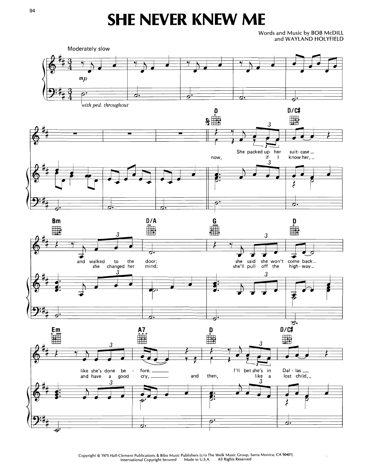 Don Williams She Never Knew Me sheet music notes and chords arranged for Piano, Vocal & Guitar Chords (Right-Hand Melody)