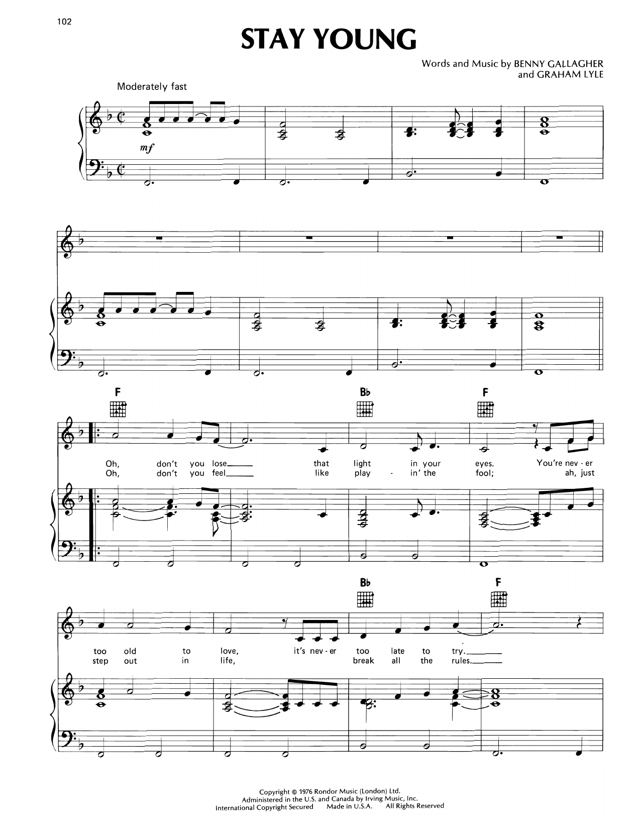 Don Williams Stay Young sheet music notes and chords arranged for Piano, Vocal & Guitar Chords (Right-Hand Melody)