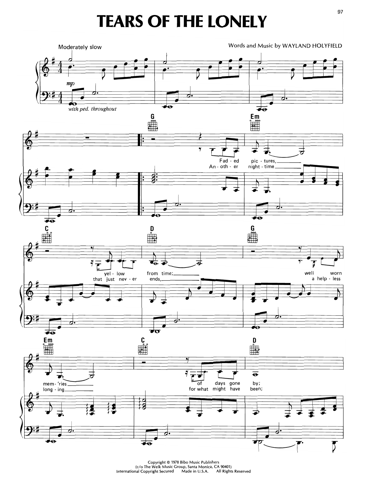 Don Williams Tears Of The Lonely sheet music notes and chords arranged for Piano, Vocal & Guitar Chords (Right-Hand Melody)