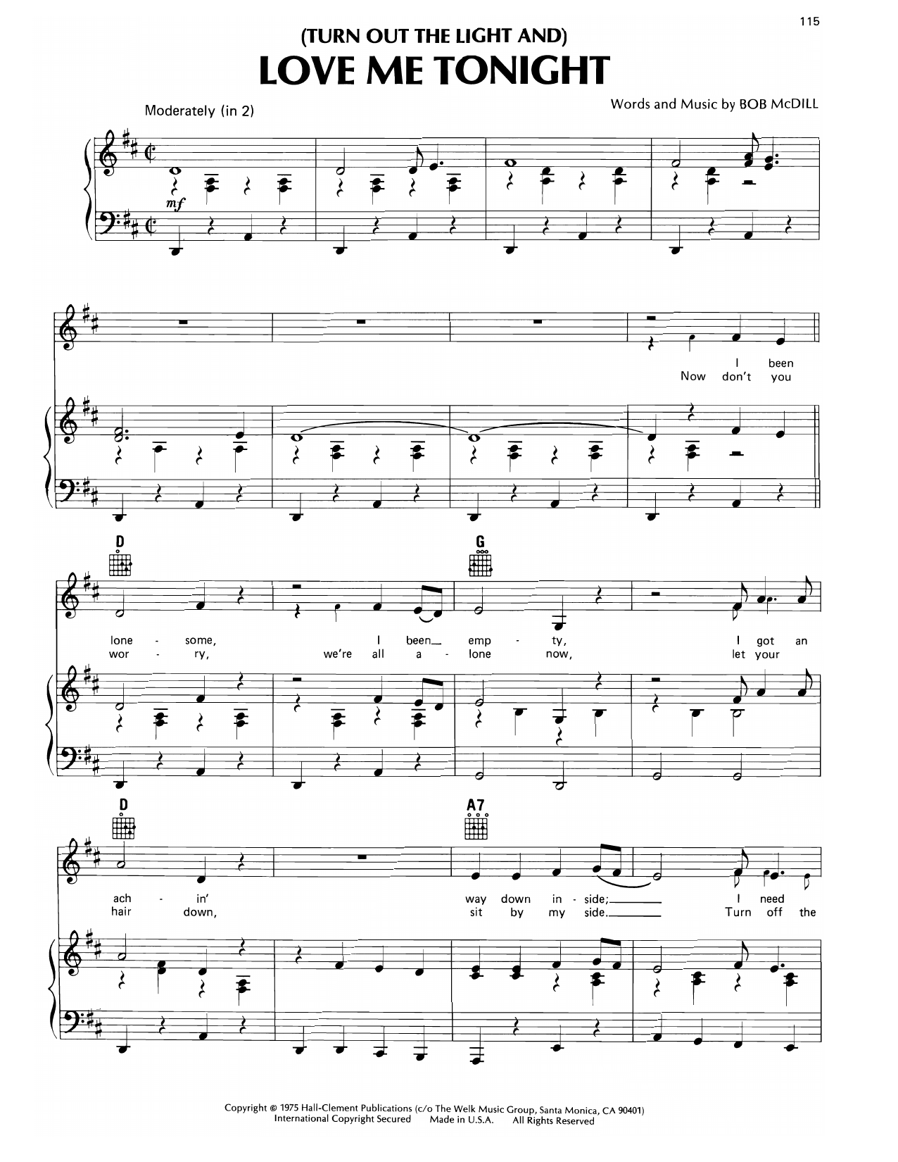 Don Williams (Turn Out The Light And) Love Me Tonight sheet music notes and chords arranged for Piano, Vocal & Guitar Chords (Right-Hand Melody)