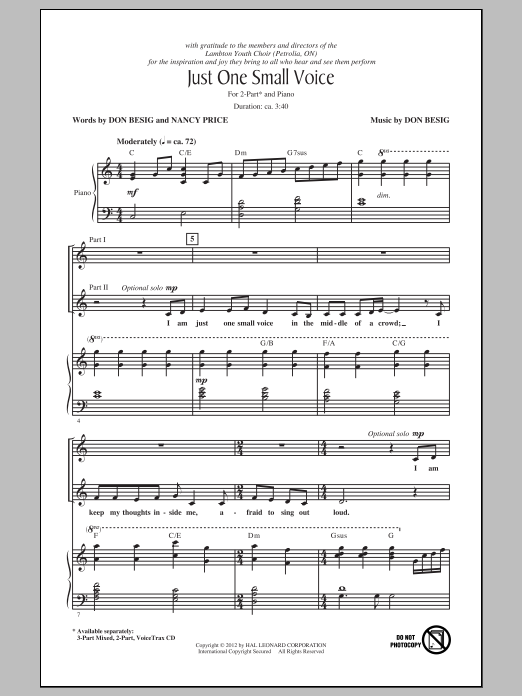Don Besig Just One Small Voice sheet music notes and chords arranged for 2-Part Choir