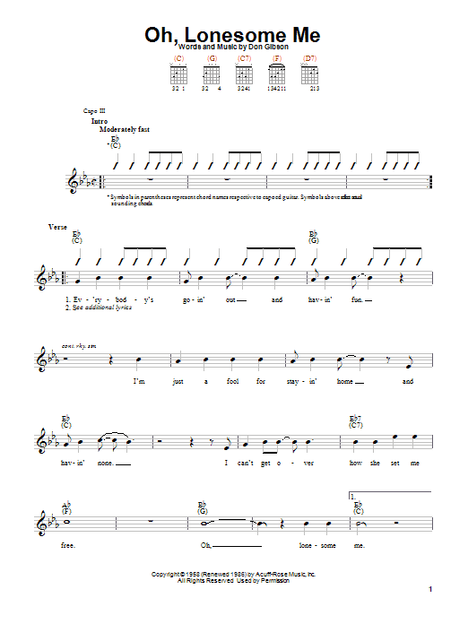 Don Gibson Oh, Lonesome Me sheet music notes and chords. Download Printable PDF.