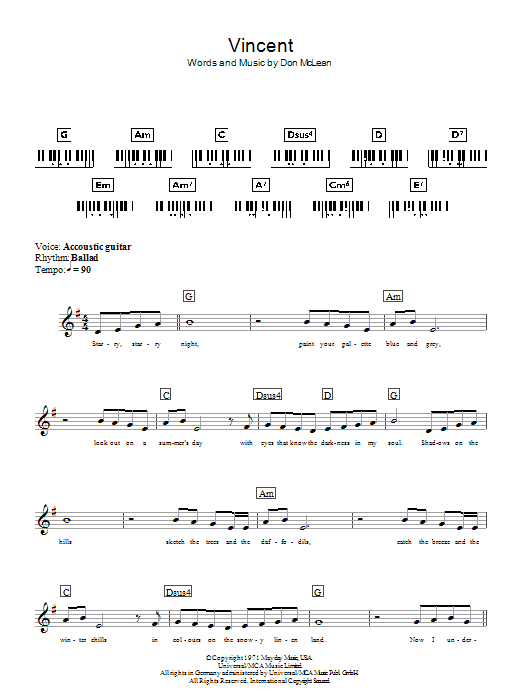 Don McLean Vincent (Starry Starry Night) sheet music notes and chords arranged for Piano Solo