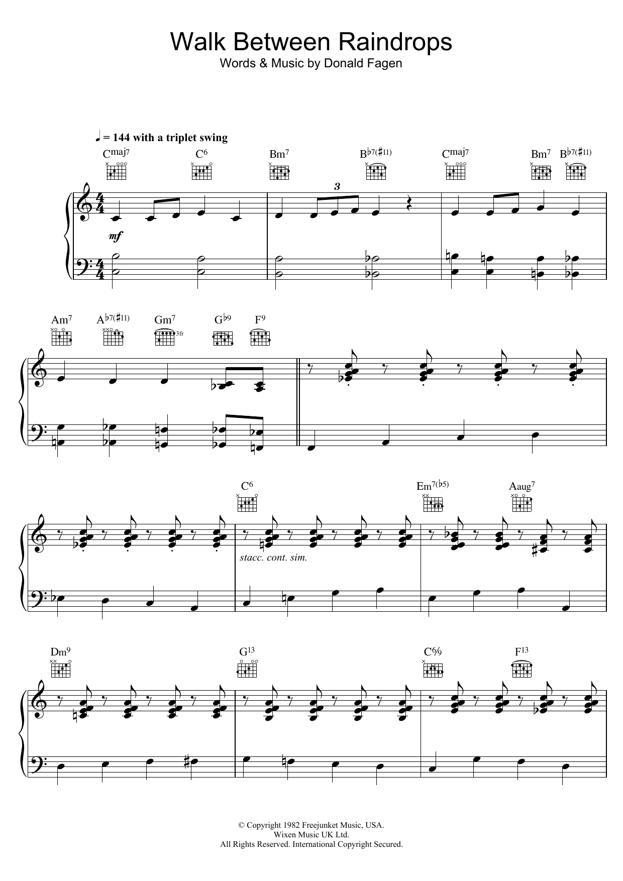 Donald Fagen Walk Between Raindrops sheet music notes and chords arranged for Piano, Vocal & Guitar Chords