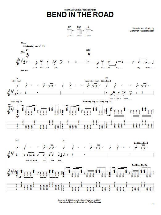 Donavon Frankenreiter Bend In The Road sheet music notes and chords arranged for Guitar Tab