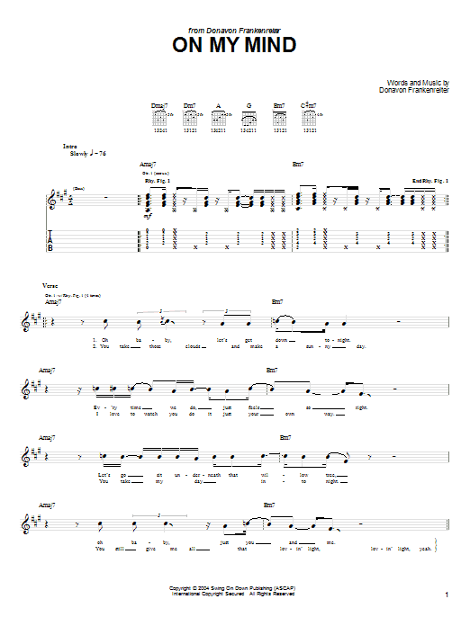 Donavon Frankenreiter On My Mind sheet music notes and chords arranged for Guitar Tab