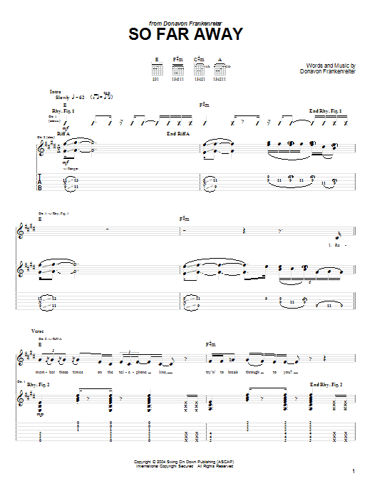 Donavon Frankenreiter So Far Away sheet music notes and chords arranged for Guitar Tab