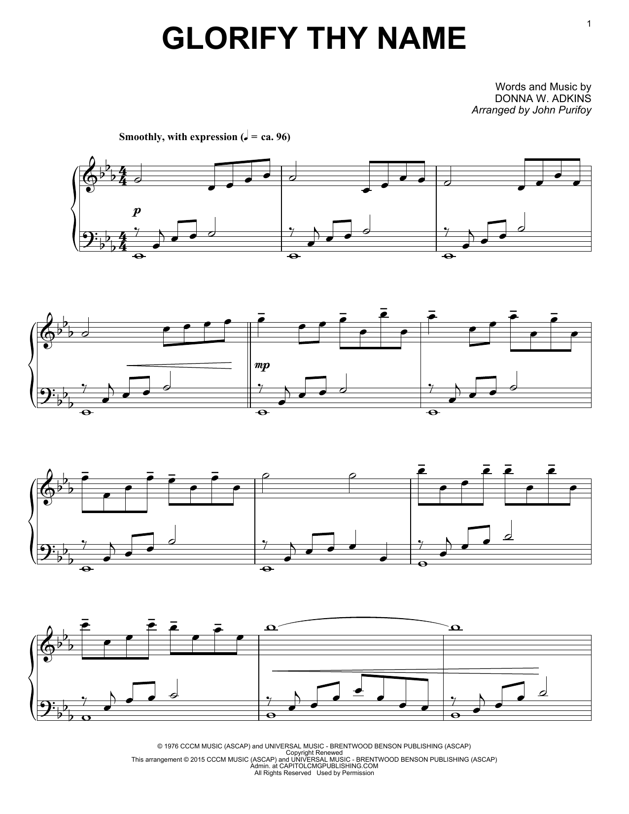 Donna Adkins Glorify Thy Name (arr. John Purifoy) sheet music notes and chords arranged for Piano Solo