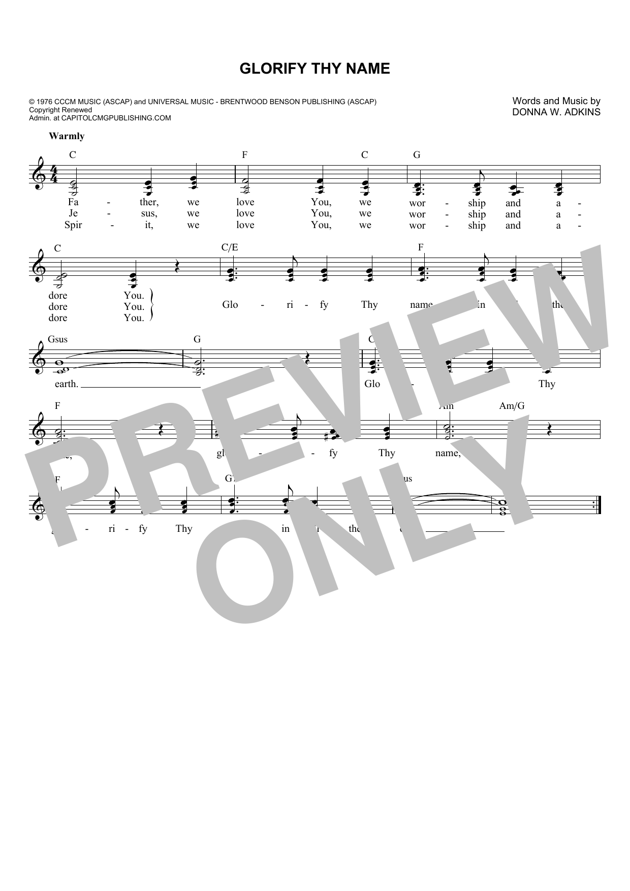 Donna Adkins Glorify Thy Name sheet music notes and chords arranged for Lead Sheet / Fake Book