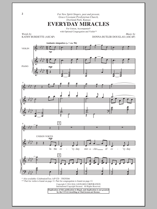 Donna Butler Douglas Everyday Miracles sheet music notes and chords arranged for Unison Choir