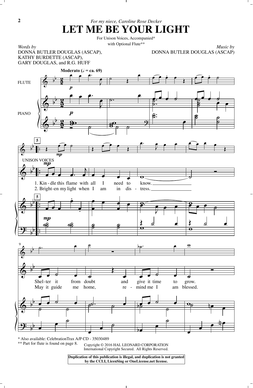Donna Butler Douglas Let Me Be Your Light sheet music notes and chords arranged for Unison Choir