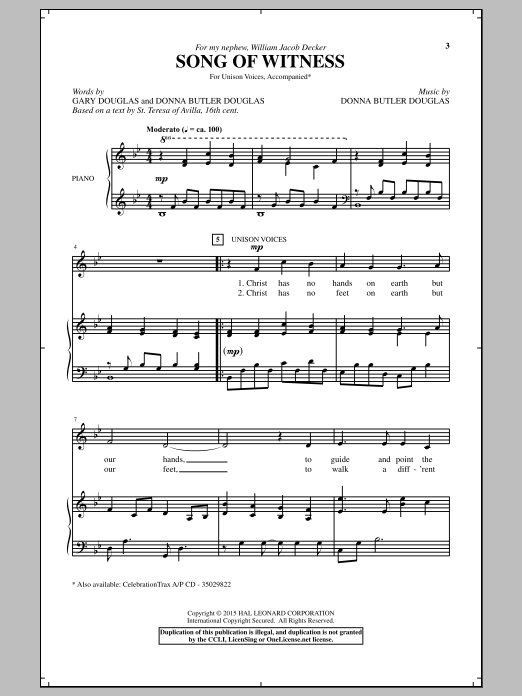 Donna Butler Douglas Song Of Witness sheet music notes and chords arranged for Unison Choir