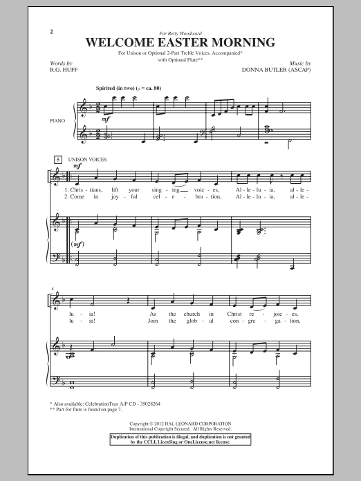 Donna Butler Welcome Easter Morning sheet music notes and chords arranged for 2-Part Choir