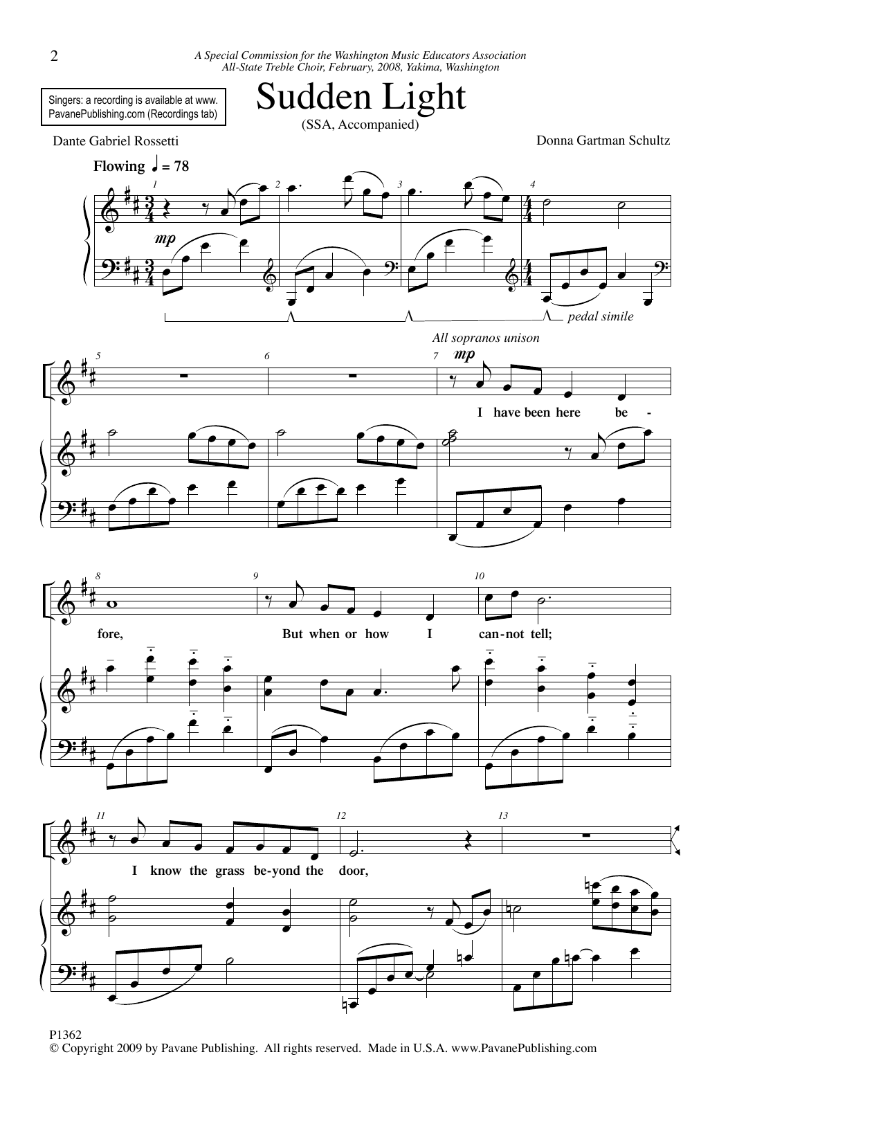 Donna Gartman Schultz Sudden Light sheet music notes and chords arranged for SSA Choir