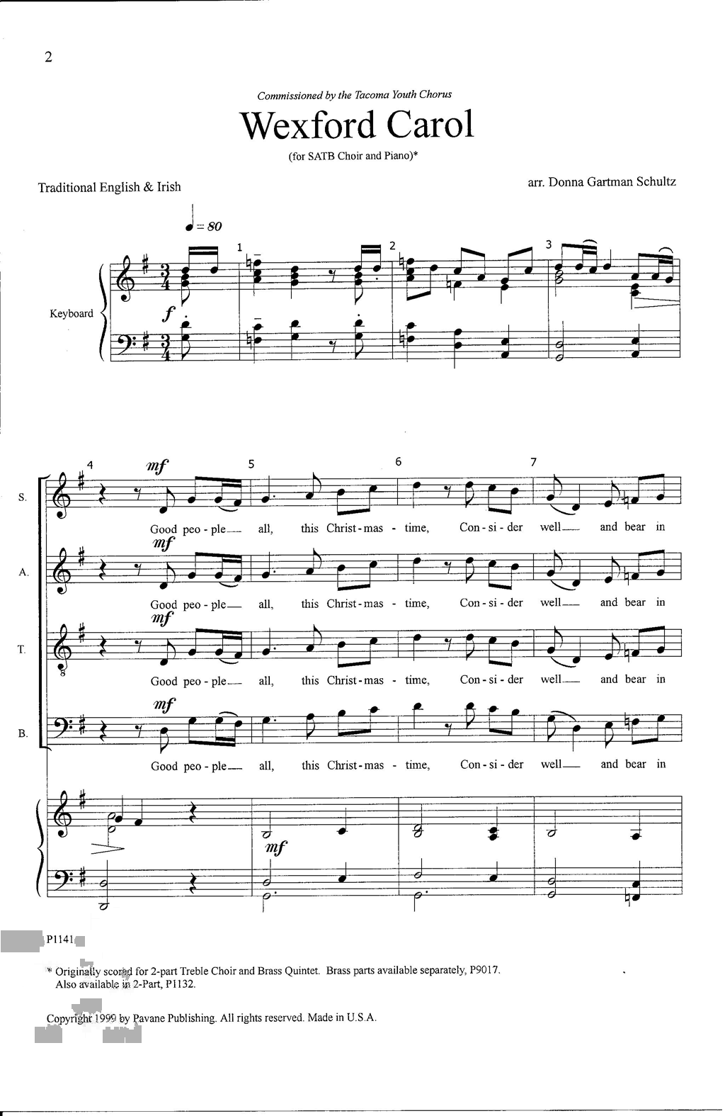 Donna Gartman Schultz Wexford Carol sheet music notes and chords arranged for SATB Choir