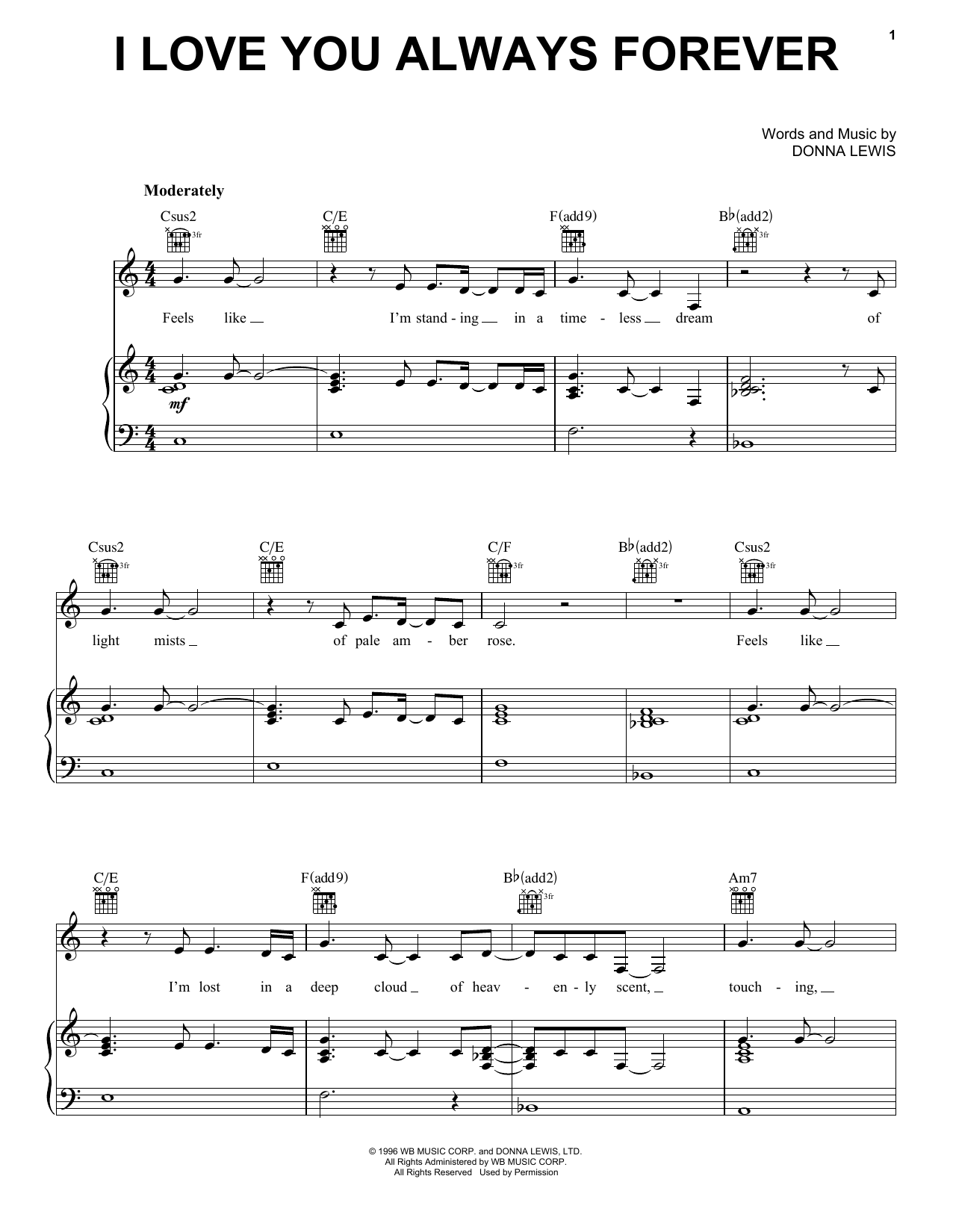 Donna Lewis I Love You Always Forever sheet music notes and chords arranged for Piano, Vocal & Guitar Chords (Right-Hand Melody)