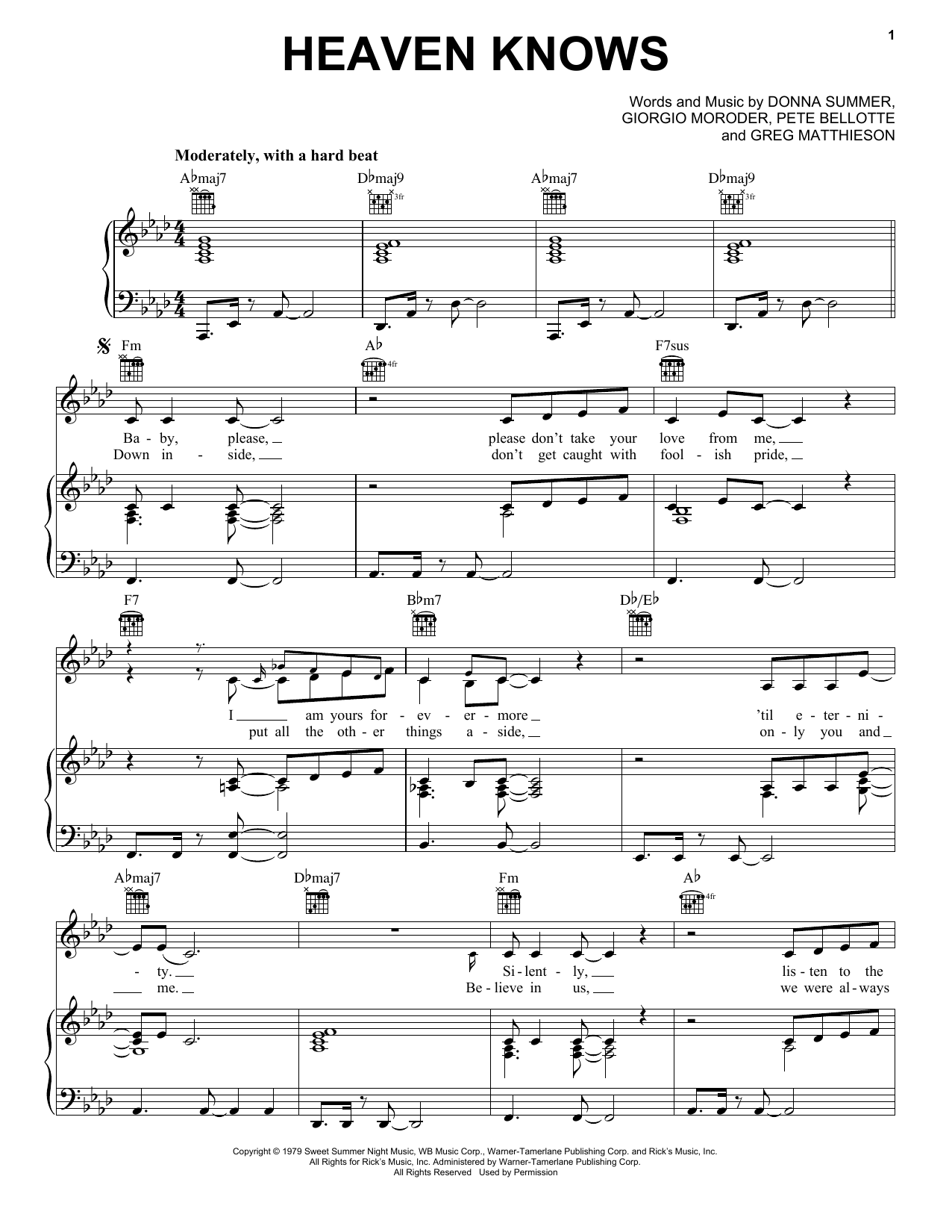 Donna Summer Heaven Knows sheet music notes and chords arranged for Piano, Vocal & Guitar Chords (Right-Hand Melody)