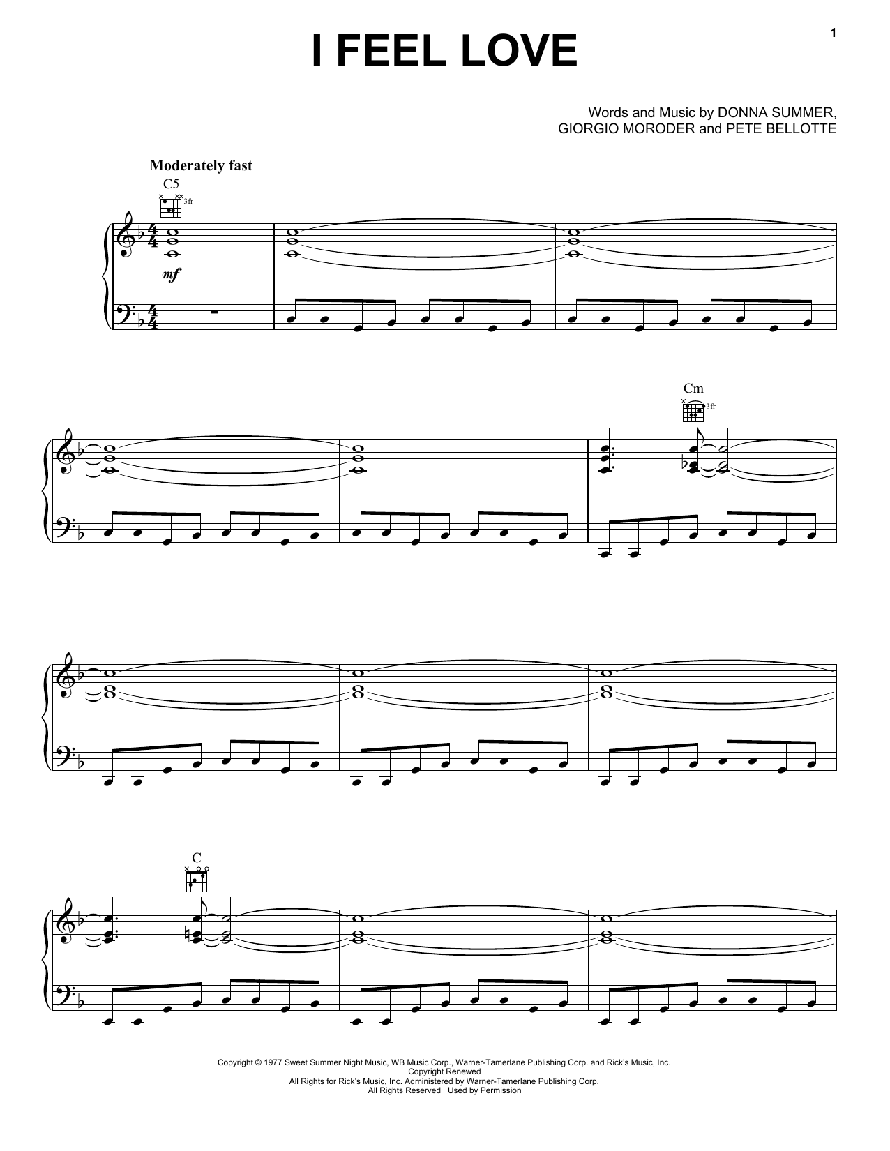 Donna Summer I Feel Love sheet music notes and chords arranged for Piano, Vocal & Guitar Chords (Right-Hand Melody)