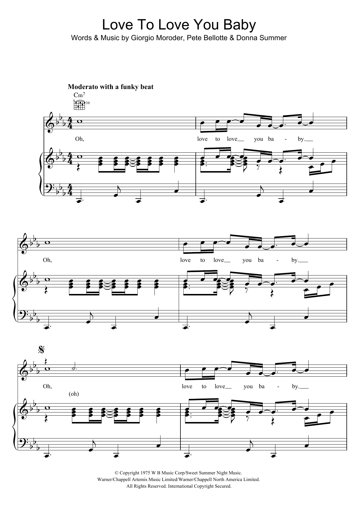 Donna Summer Love To Love You Baby sheet music notes and chords arranged for Piano, Vocal & Guitar Chords (Right-Hand Melody)
