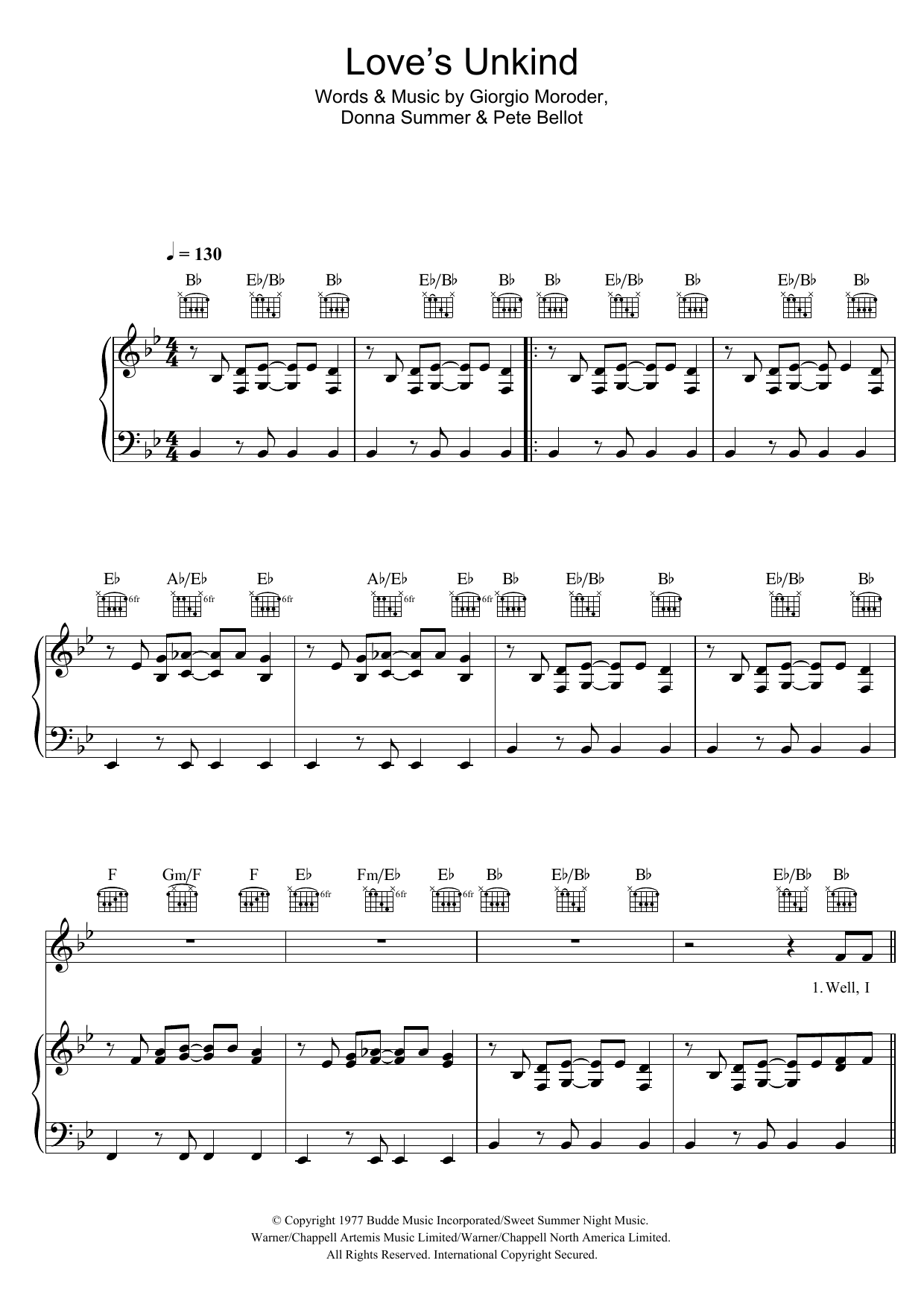 Donna Summer Love's Unkind sheet music notes and chords arranged for Piano, Vocal & Guitar Chords