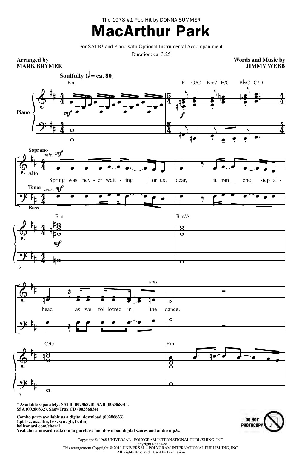 Donna Summer MacArthur Park (arr. Mark Brymer) sheet music notes and chords arranged for SSA Choir